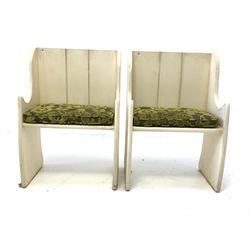 Pair 20th century white painted oak settles, with upholstered loose cushions