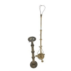 Early 20th century gilt painted telescopic standard lamp, on lobed circular base with three supports, (H161cm) together with a gilt painted and reeded candelabra (H107cm)