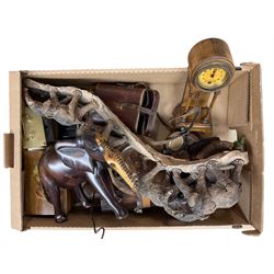 Miniature longcase clock, pair of War Office model field glasses, jewellery box, wooden bridge of elephants etc