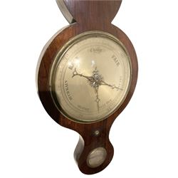 Wiggington of Pickering - 19th-century mercury wheel barometer in a mahogany case with a hygrometer, bubble level and boxed spirit thermometer, 8-inch register recording barometric air pressure in inches, case with a swans neck pediment and round base. 