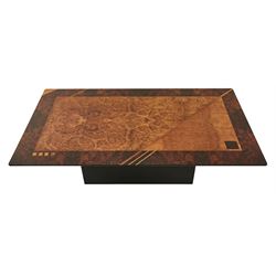 Miniforms - Art Deco design rectangular coffee table, geometric inlays in birds eye maple, burr elm and figured walnut, on rectangular base