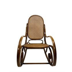20th century bentwood rocking chair, with cane work back and seat