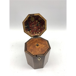 George III mahogany hexagonal tea caddy with ivory key plate and interior cover H13cm