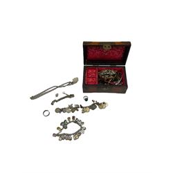 Silver tapering Albert watch chain, silver 'Town' charm bracelet, silver jewellery and other costume jewellery, in small wooden box