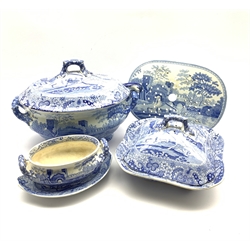 19th century Spode Castle pattern two-handled soup tureen and cover with matching Willow pattern ladle, L34cm oval drainer and saucer tureen and stand (lacking cover), together with a Copeland & Garrett New Blanche square tureen and cover