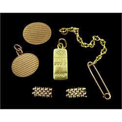 16ct gold ingot pendant, 9ct gold links and a 14ct gold chain, all tested