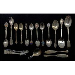 George III silver caddy spoon London 1803, pair of silver butter knives, English and continental silver and enamel spoons and other items approx 6oz