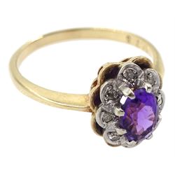 Gold oval amethyst and diamond chip cluster ring, stamped 9ct