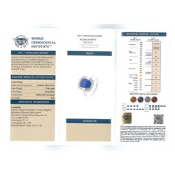 18ct white gold sapphire and diamond ring, the central rectangular cushion cut sapphire of 5.56 carat, with baguette and round brilliant cut diamond surround and channel set baguette diamond shoulders, total diamond weight approx 0.98 carat, with World Gemological Institute Report