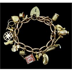 Gold link bracelet with heart locket claps and twenty gold charms including thimble, watering can, kidney bean, shell and boat, all 9ct hallmarked, stamped or tested