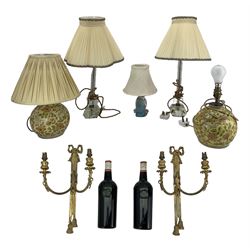 Pair of brass two branch wall lights, pair of lacquer table lamps, three other lamps and two bottles of fortified wine