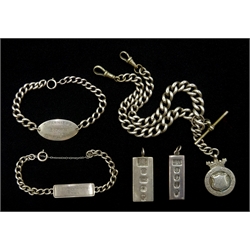 Silver tapering Albert T bar chain with clips and silver fob, two silver ignots and two silver identity bracelets, stamped or hallmarked 
