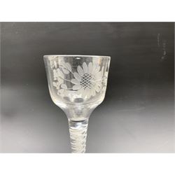 18th century English cordial glass, the bowl etched with flowers on a cotton twist stem H14cm