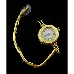 Swiss 18ct gold ladies manual wind wristwatch, case by Stockwell & Co, London import marks 1921, on gold expanding strap stamped 18ct  

