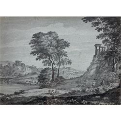 English School (Late 18th century): Pastoral Scene in Italianate Capriccio Landscape, watercolour unsigned 16cm x 22cm
