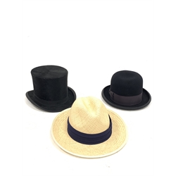 Charles Mounfield silk top hat, Morres bowler hat and a Panama straw hat