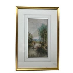 E Lewis (British late 19th century): Anglers Fishing in a Woodland River, pair watercolours signed and dated '97, 34cm x 17cm (2)