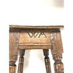 Antique oak joynt stool, top raised on turned supports and stretchers, carved 'WA'