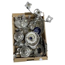 Box of silver plated wares including candelabras, part cruet in the form of tankards, tea ware etc