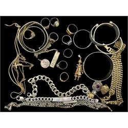 Three 9ct gold stone set rings, 9ct gold chains, silver curb bracelets and two bangles, stone set rings, all stamped, hallmarked or tested and a collection of costume jewellery