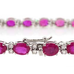 18ct white gold oval ruby and round brilliant cut diamond bracelet, stamped, total ruby weight approx 9.85 carat