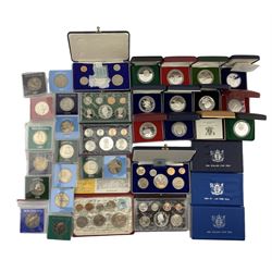 New Zealand proof coins and sets including 1977, 1978, 1979 and 1980 seven coin sets each including sterling silver dollar, other year sets, various commemoratives in cupronickel etc, housed in a cash tin