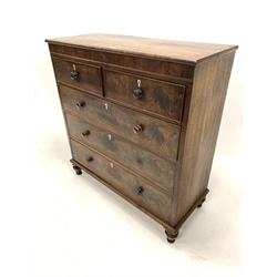 19th century mahogany chest fitted with two short and three long drawers, with reeded moulding to frieze and raised on octagonal turned and tapered supports, W130cm, H160cm, D52cm
