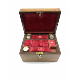 19th century rosewood toilet box, mother of pearl escutcheon and plaque to the hinged cover, opening to reveal a part plush lined and compartmented interior with removable mirror and 'secret' drawer compartment, H17cm x W28cm x D20cm