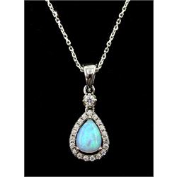 Silver pear shaped opal and cubic zirconia cluster pendant necklace, stamped 925 