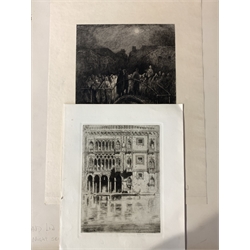 David Law after Gustave Dore, artist signed etching 'night scene in east London', 24cm x 18cm and David Young Cameron, artist signed etching of Venice, 19cm x 14cm, both unframed