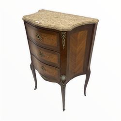 Early 20th century French walnut and kingwood commode, the shaped and moulded marble top over three drawers with marquetry panels, with gilt metal mount and porcelain panels, raised on slender shaped supports with sabot feet W63cm, H90cm, D35cm