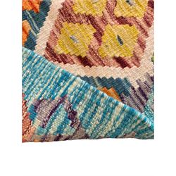 Chobi Kilim cyan ground runner rug, the field decorated with all-over lozenges of multi-colours with ivory outlines, the border with further diamond motifs