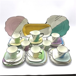  Art Deco Collingwood's Harlequin tea set comprising seven cups, ten saucers, six tea plates, ten side plates, two cake plates and one sandwich plate   