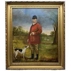 English Naive/Primitive School (19th century): Full Length Portrait of Huntsman in Riding Attire with Foxhound in Open Pasture with Sheep, oil on canvas signed J Hall, inscribed verso T Tindall Wildridge 1812-1880, 74cm x 62cm
Notes: Note verso attributes huntsman to John Backhouse, huntsman to J Hall
