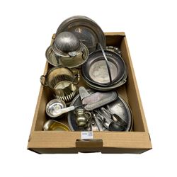 Set of four silver-plated plates, bottle stand, sauce boat, cutlery etc in one box