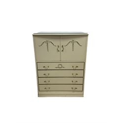 French style cream and gilt chest, fitted with two cupboards over four drawers, raised on a plinth base W80cm, H105cm. D50cm 
