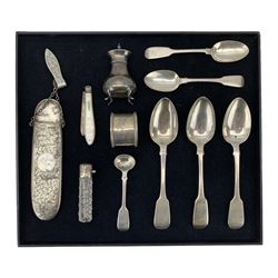 Three Victorian silver fiddle pattern dessert spoons London 1856, silver chatelaine spectacle case, silver and mother of pearl fruit knife Sheffield 1893 Maker George Unite, silver and glass scent flask, silver pepperette etc
