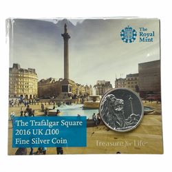 The Royal Mint Trafalgar Square UK 2016 one-hundred pounds fine silver coin, on card