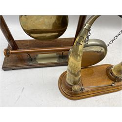 Edwardian oak and horn silver-plated mounted dinner gong, the gong stamped Walker & Hall H29cm, and another with brass gong (2)