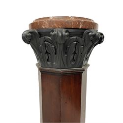 Late 19th century Neoclassical design rouge marble and mahogany pedestal or jardinière, the circular marble rest over a Corinthian order capital, the octagonal column with a cavetto socle on a stepped base with square marble plinth 