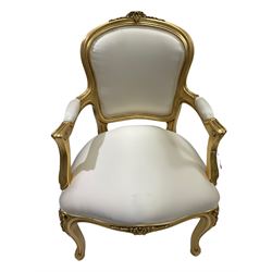 Silik Lo Stile Di Classe - Italian gilt hardwood framed armchair, cresting rail decorated with flower heads, upholstered seat, back and arms with scrolling hand rail, raised on scrolled and fluted cabriole supports