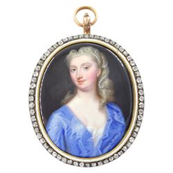 Christian Friedrich Zincke (German 1683-1767)
Portrait miniature upon enamel, circa 1750
Head and shoulder portrait of a young woman in blue gown, her hair adorned with pearls 
within gilt frame, with old cut diamond border and white enamel inner border 
Oval 4.5cm x 3.5cm

Provenance
Purchased by the current vendor from Judy & Brian Harden Antiques September 98

Born in Dresden in 1683, Christian Friedrich Zincke travelled to London in 1706 to work at the studio of miniature painter and enamellist Charles Boit; later inheriting Boit's fashionable clientele. 
During his time in London Zincke is said to have dominated the market, training a number of well known English miniature painters including William Prewett, and also gaining Royal patronage aided by the endorsement of notable portrait artist Sir Godfrey Kneller.
Zincke worked extensively for the Royal Family, including George II and Frederick Prince of Wales, and is arguably the most successful enamel painter of the period in which he worked.