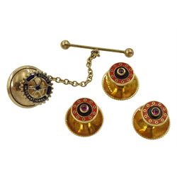 Three 18ct gold red enamel and stone set shirt studs by Deakin & Francis, London 1990 and one other 9ct gold Rotary International stud, hallmarked