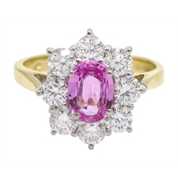 18ct gold pink sapphire and diamond cluster ring, hallmarked, sapphire approx 0.90 carat, total diamond weight approx 1.00 carat