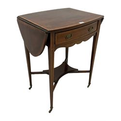 Edwardian inlaid walnut and mahogany side table, oval drop-leaf top with satinwood band, single frieze drawer, on square tapering supports united by shaped undertier, on brass castors