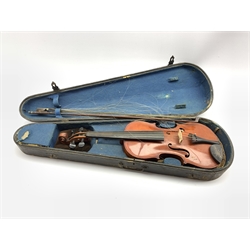  Early 20th Century violin with two piece back with bow in case  