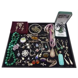 Collection of silver and stone set silver jewellery, stamped or tested, malachite bead necklace and other jewellery