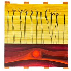 Catherine Hewapathirana (Sri Lankan Contemporary): Dancers above the Sunset and Lovers above the Sunset, large acrylics on canvas signed and dated 2006, 130cm x 127cm (2) (unframed)