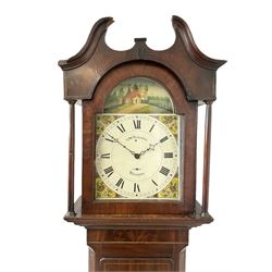 William Richardson of Brampton (Cumberland) - 30-hour mahogany cased longcase clock c1840, wtih a swans neck pediment, break arch door beneath flanked by turned pilasters, trunk with inlay and canted corners with a round cornered door, plinth with inlay to the edge on a raised skirting with feet, painted dial with floral spandrels and a scene of a rural cottage to the arch, Roman numerals and minute track with matching steel hands, dial pinned directly to a chain driven count wheel movement, striking the hours on a bell. With weight and pendulum. William Richardson is recorded as a clockmaker and cabinet maker, this probably accounts for this better than average case for a 30 hour clock. 