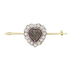 Victorian 15ct gold heart brooch, the old cut diamond and blue enamel heart, with glazed central panel